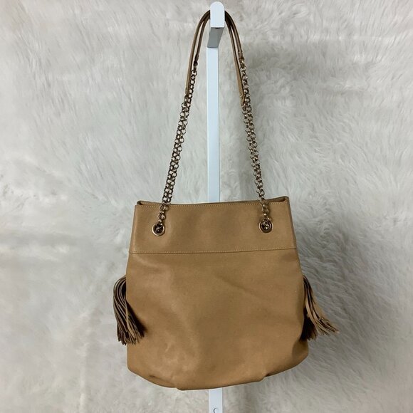 Eric Javits Beige Tan Leather Gold Tone Chain Tassel Bag - Picture 2 of 9